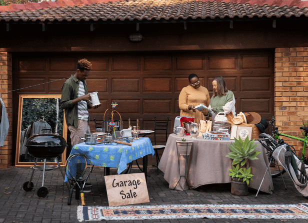 Garage sale scene with various items